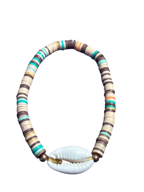 Jewelry - Beaded Stretchy Bracelet Multicolor Polymer Clay Heishi Beads White Cowrie Shell
